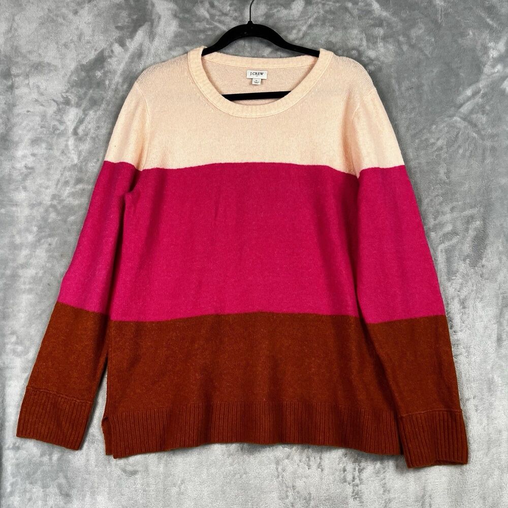J Crew Women Sweater  Large Pink Brown Crew Neck  Color Block‎ Wool Blend